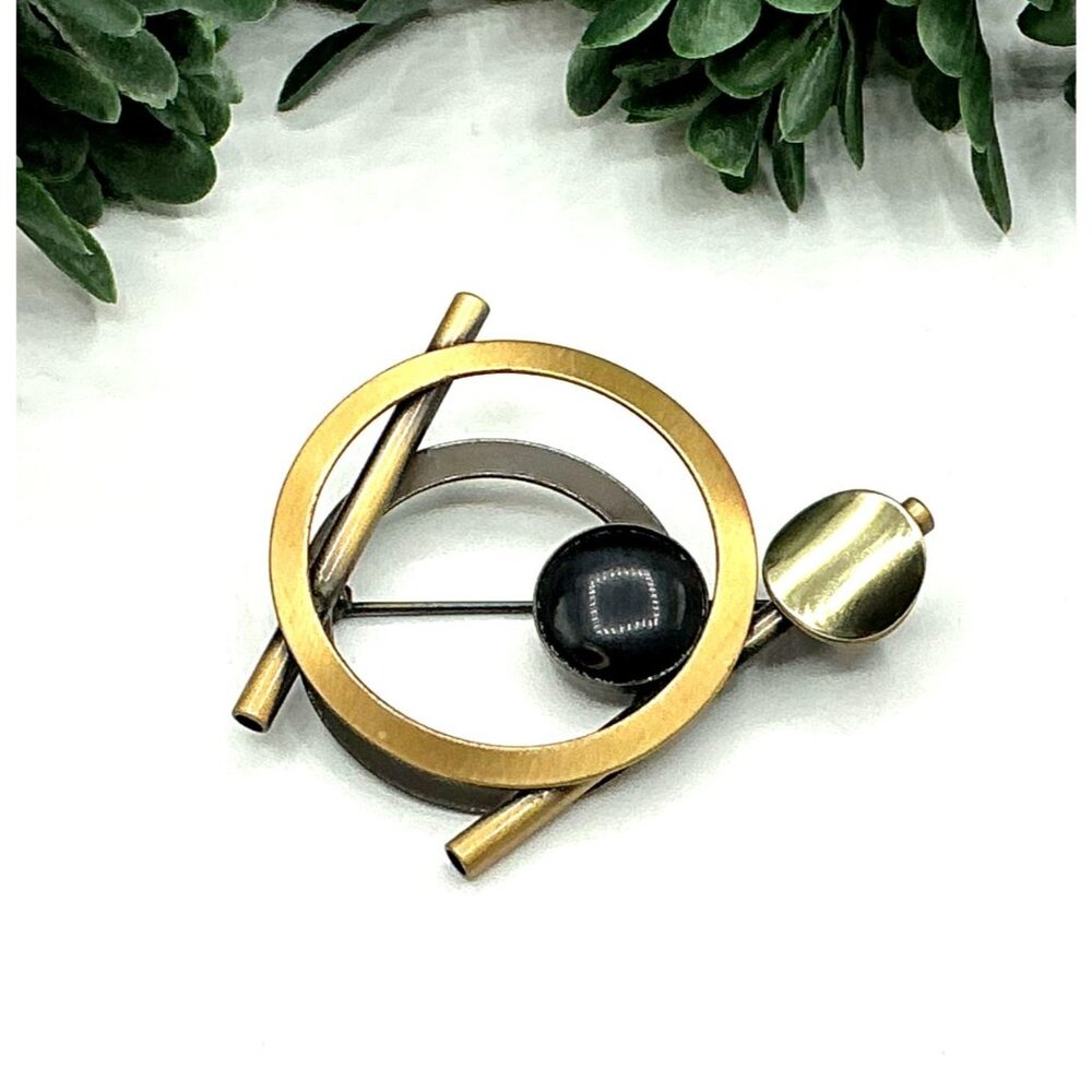 Vintage Geometric Brooch Pin Brass and Black Tones by Christophe Poly